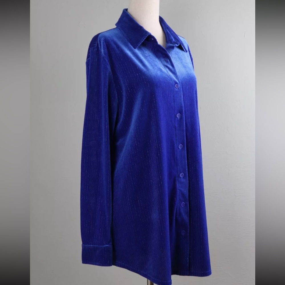 Royal Blue Velvet Button-up Blouse | Large | Soft Surroundings | Silver Stripes - Picture 5 of 16